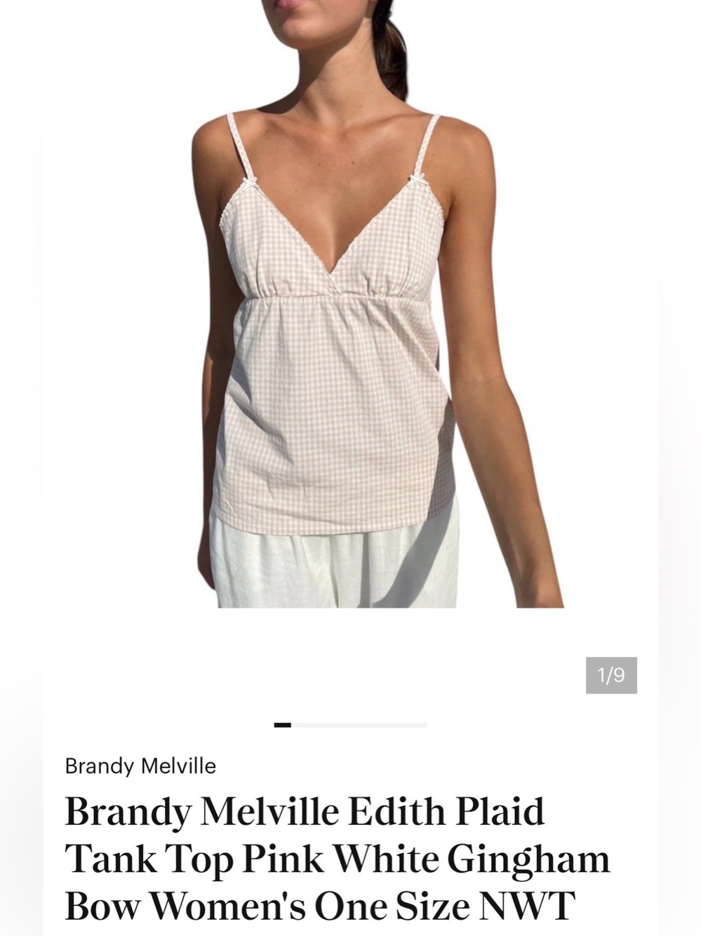 Brandy Melville Pink and White Gingham V‑Neck Tank